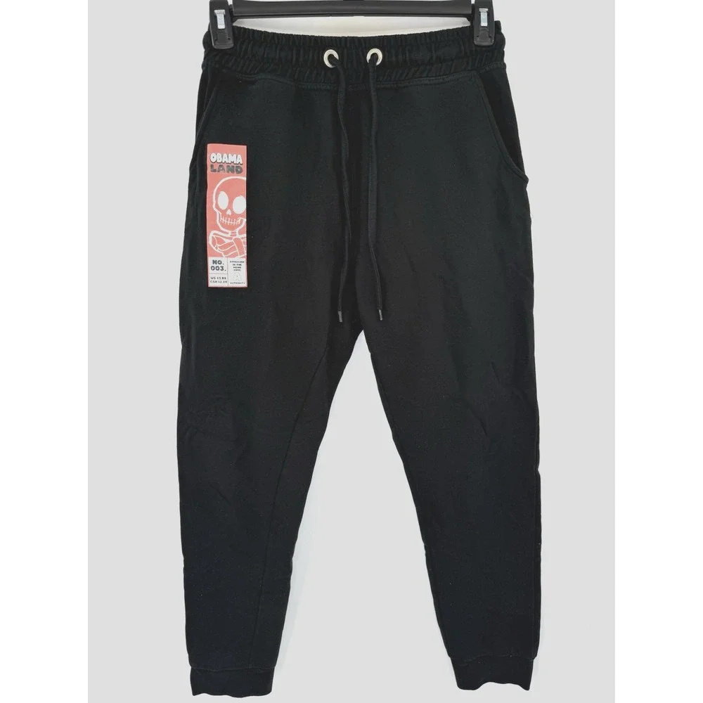 Obama Land Joggers Mens Small Black Graphic Skull Patch Fleece Sweatpants